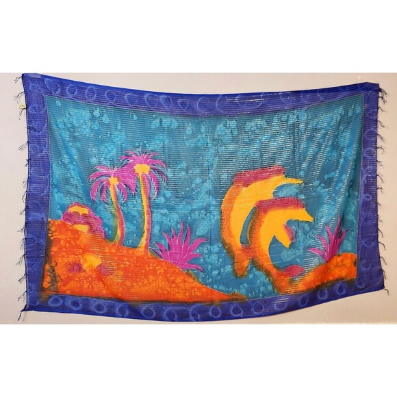 Vintage YMLA Shawl Beach Wrap Tropical Island Dolphins Scarf Tapestry 68" x 43" - Picture 9 of 12